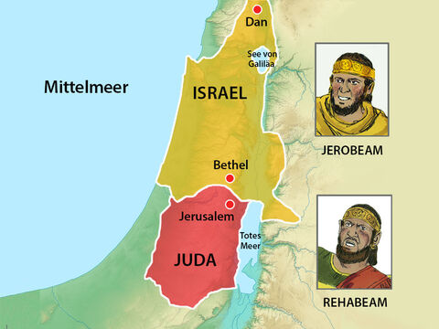 Als Rehabeam König wurde, führte Jerobeam eine Rebellion gegen ihn an. Daraufhin wurde die Nation in zwei Königreiche geteilt. Im Norden gab es zehn Stämme, die Israel bildeten und von Jerobeam geführt wurden, und im Süden zwei Stämme, die Juda bildeten und von Rehabeam regiert wurden. – Folie 1