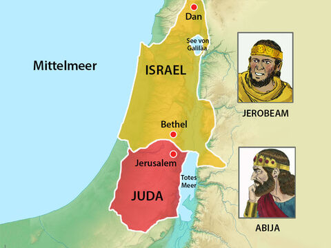 Jerobeam herrschte immer noch im Norden und um die Menschen in Israel daran zu hindern, nach Juda zurückzukehren, um im Tempel anzubeten, hatte er neue Orte für ihre Anbetung gebaut. Einer war in Bethel und der andere in Dan. – Folie 3