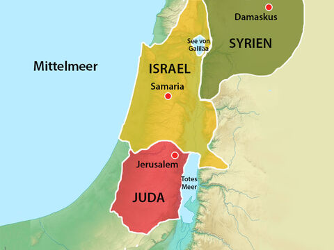 Viele Jahre zuvor war das jüdische Volk in zwei Nationen geteilt worden. König Ahas regierte die Juden im Süden, während König Pekach die Juden im nördlichen Königreich Israel regierte. Sowohl König Ahas als auch König Pekach werden in der Bibel als "böse" Herrscher beschrieben, die Gott ungehorsam waren. – Folie 2