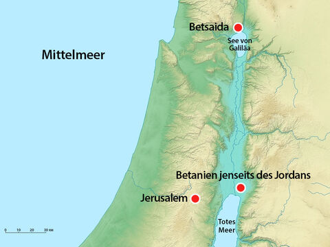 Am nächsten Tag reiste Jesus von Bethanien nach Bethsaida, an das Ufer des Sees Genezareth. Es war die Heimatstadt von Andreas und Petrus. – Folie 7