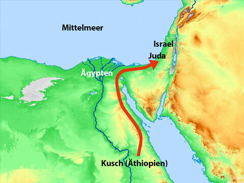 König Serach von Kusch (dem heutigen Äthiopien) beschloss, mit seiner riesigen Armee nach Juda zu marschieren und Juda anzugreifen. – Folie 6