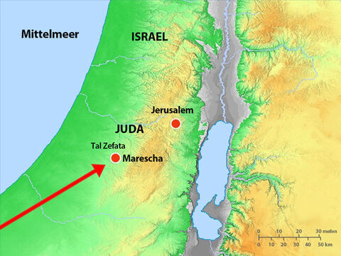 König Serach und seine Soldaten näherten sich Juda von Süden her. Asa sammelte seine Truppen und sie nahmen im Tal von Zephata in der Nähe von Marescha Schlachtstellungen ein. – Folie 8