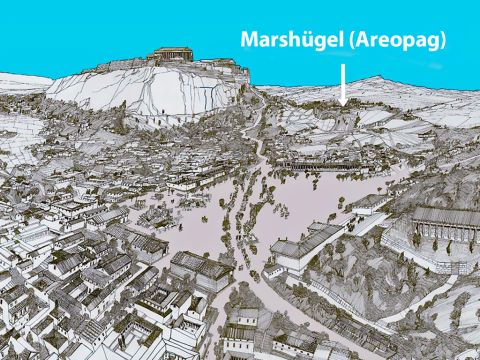 Diese Abbildung zeigt den Marshügel mit dem Felsvorsprung der Akropolis im Hintergrund links. – Folie 3