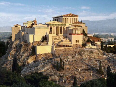 Das höchste Gebäude war der Parthenon, ein Tempel, der der Göttin Athene geweiht war. Am Südhang befand sich das Theater des Dionysos, eines Gottes des Weins und der Freude. Die antiken Griechen beteten mit erhobenen Händen zum Himmel, während sie Zeus und die anderen himmlischen Götter lobten. Um Hades, den König der Unterwelt, oder andere Gottheiten der Unterwelt anzubeten, knieten sie nieder und schlugen mit ihren Händen auf die Erde, um gehört zu werden. – Folie 7