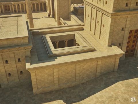 In der nordwestlichen Ecke befand sich die „Kammer der Aussätzigen“. Sie enthielt eine Mikwe, ein Becken mit natürlichem Wasser, in das sich die Israeliten, die von rituell unreinen, entstellenden Hautveränderungen, auf Hebräisch Tzar'at genannt, geheilt waren, am achten Tag ihres Reinigungsprozesses mit ihren Opfergaben begaben. Der Begriff Tzar'at wird häufig mit Lepra übersetzt, entspricht aber nicht dem, was wir heute unter moderner Lepra (Morbus Hansen) verstehen.<br/>Nach dem Baden meldeten sich die Israeliten bei einem Priester am Nikanor-Tor, um mit dem Blut und Öl ihrer Opfergaben gesalbt zu werden. Anschließend wurden sie für rein von Tzar'at erklärt. Die zehn von Jesus vom Aussatz Geheilten wurden zum Priester geschickt, um sich zu melden und dieses Ritual durchzuführen (Matthäus 8,4; Markus 1,44; Lukas 5,14). – Folie 10