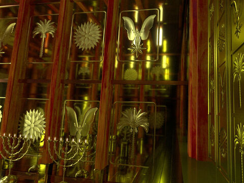 Die Wände des Heiligem waren mit Zedernholz ausgekleidet, auf dem Figuren von Cherubim, Palmen und offenen Blumen geschnitzt waren, alles mit Gold überzogen. – Folie 6