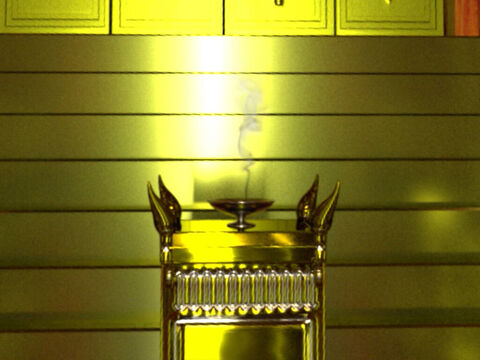 Vor dem Allerheiligsten stand ein goldener Altar, der für Räucheropfer gebraucht wurde. Der Rauch des verbrannten Weihrauchs symbolisierte Gebete, die zu Gott erhoben wurden. – Folie 9
