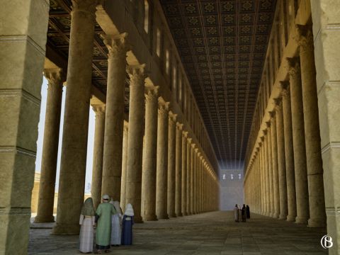 Der Hauptteil der Säulenhalle diente dem Geldwechsel und dem Kauf von Opfertieren. Dies ist wahrscheinlich der Ort, an dem Jesus die Geldwechsler heraustrieb, weil sie armen, gläubigen Juden zu viel abverlangten und in den Ort eindrangen, an dem Nichtjuden beteten. (Matthäus 21,12-13). – Folie 3