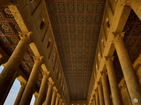 Dies ist die verzierte Decke der Königlichen Stoa.<br/>Der Historiker Josephus nennt Hannas, den Hohepriester, „einen großen Geldsammler“. Die Söhne von Hannas ließen in der königlichen Stoa und im Vorhof ​​der Heiden Basare einrichten (im Talmud als Hanuyot Bney Hanan bekannt), um Geld zu wechseln und für den Kauf von Opfertieren. – Folie 4