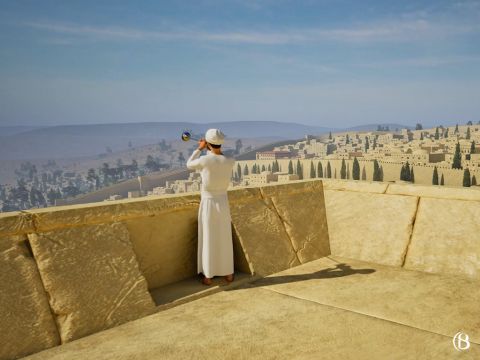 Die südwestliche Ecke des Tempels auf der Terrasse über der Königlichen Stoa überblickte die Stadt Jerusalem und die Posaunenstöße waren rund um Jerusalem zu hören.<br/>An Rosch Haschana wurde die Hauptzeremonie mit einem Schofar in der Mitte und einer Posaune auf beiden Seiten durchgeführt. An Fasttagen wurde die Zeremonie mit den Posaunen in der Mitte und mit einem Schofar auf beiden Seiten durchgeführt. An besonderen Tagen ertönte der Schofar kürzer und zwei besondere silberne Trompeten kündigten das Opfer an. Wenn die Posaunen erklangen, warfen sich alle Opfernden nieder und streckten sich flach, mit dem Gesicht nach unten, auf den Boden. – Folie 11