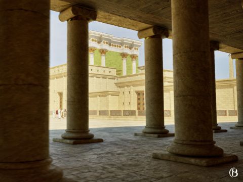 An der Ost-, West- und Südseite des Tempels befanden sich weitere (45 Fuß) Säulenhallen.<br/>Die östliche Säulenhalle, die dem Tempelheiligtum zugewandt war, wurde Säulenhalle Salomos genannt und diente Jesus und den frühen Christen als Ort der Begegnung und des Lehrens. – Folie 12