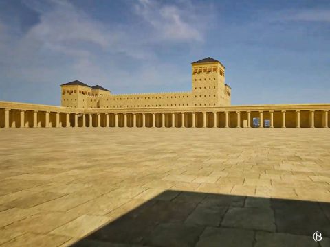 Dies ist die Säulenhalle auf der Nordseite des Tempels mit der Burg Antonia mit Blick auf den Tempelberg. – Folie 18