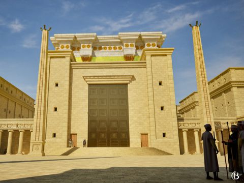 Am westlichen Ende des Vorhofs stand das prächtige große Tor des Nikanor. Nur Männern war es gestattet, durch dieses Tor in den Vorhof Israels zu gelangen. – Folie 4