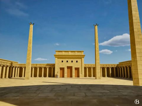 Dies ist die Ansicht des Vorhofs der Frauen mit Blick nach Osten vor dem Tor des Nikanor. Der Vorhof der Frauen hatte eine Größe von 71 Metern zum Quadrat und eine Fläche von 5.023 Quadratmetern.<br/>Er konnte gleichzeitig 6.000 Gläubige aufnehmen. – Folie 10