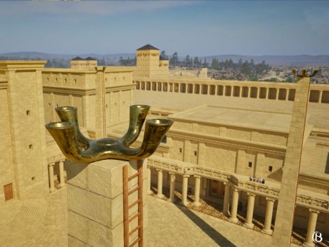 Oben auf jedem Leuchter stand eine goldene Schale. Vier Jugendliche priesterlicher Abstammung kletterten auf die Leitern dieser Leuchter, um 9 Liter (2,5 Gallonen) Öl hineinzufüllen. Zum Anzünden wurden Dochte aus abgetragenen Priestergewändern verwendet. – Folie 17