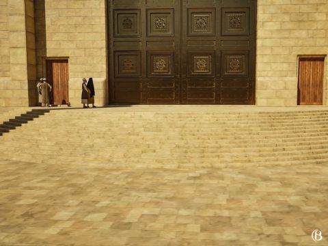 Vor dem Nikanor-Tor wurden viele wichtige Rituale durchgeführt, darunter die Reinigung von Aussätzigen und die Reinigung von Frauen nach der Geburt. An diesem Tor könnten Maria und Josef das Jesuskind zu Simeon gebracht haben, während Hanna vom Vorhof ​​der Frauen aus zusah. – Folie 3