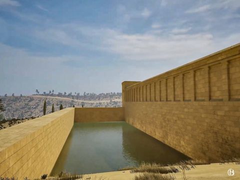 Die Zisterne fasste insgesamt 120.000 Kubikmeter und war jahrhundertelang Teil des Regenwasserspeichersystems Jerusalems. Der Teich diente auch als Wassergraben und schützte die verteidigungsgefährdete Nordwand des Tempelbergs. – Folie 15