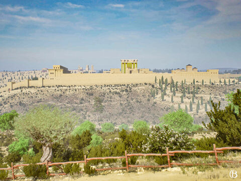 So sah der Tempel in Jerusalem zur Zeit Jesu vom Ölberg aus aus. Der Historiker Josephus schrieb, dass der Tempel „von weitem wie ein schneebedeckter Berg erschien; denn alles, was nicht mit Gold überzogen war, war von reinstem Weiß.“ – Folie 1