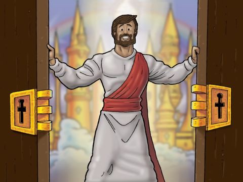 Jesus sagte: „Ich bin die Tür. Wer durch mich hineingeht, wird gerettet werden.“ (Johannes 10,9). – Folie 1