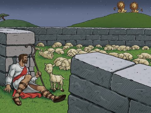 Es gibt nur eine Tür zum Schafstall. Nachts schläft der gute Hirte in der Tür, um alle Schafe sicher und glücklich zu bewahren.<br/>Er ist die Tür zum Schafstall. Niemand kann den Schafstall betreten außer durch ihn. – Folie 3