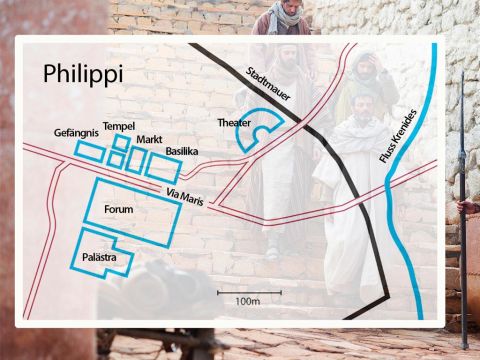 Philippi war eine blühende römische Kolonie mit einem geschäftigen Markt und einem Amphitheater. Etwas außerhalb der Stadt befand sich ein Fluss, an dem sich Gläubige zum Beten trafen. Paulus erzählte den dort versammelten Frauen etwas über den Herrn Jesus Christus. Eine von ihnen, Lydia, war Christin geworden und hatte sich taufen lassen. – Folie 2