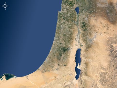 Satellitenkarte von Israel und den umliegenden Regionen, die das Jordantal mit dem See Genezareth im Norden und dem Toten Meer im Süden zeigt. – Folie 1