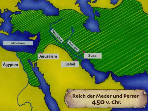 Als das Volk Israel sich von dem lebendige Gott abgewandt hatte, um Götzen anzubeten, wurde es von den Babyloniern in Gefangenschaft geführt. Und nun, weit weg von ihrem Heimatland, änderten sich viele der Israeliten und baten Gott um Vergebung.<br/>Viele Jahre später wurden die Baylonier von den Persern besiegt und der König der Perser gab den Juden die Erlaubnis, nach Hause zurückzukehren und den Tempel in Jerusalem wieder aufzubauen. Einer der Juden, die in Persien geboren waren, war Nehemia. Er arbeitete in der Stadt Susa im Palast des Königs von Persien. – Folie 1