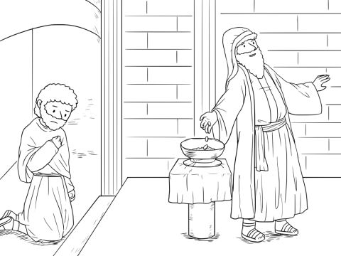 Es gab Menschen, die sich für sehr gut hielten und auf alle anderen herabblickten. Jesus benutzte diese Geschichte, um sie zu belehren: <br/>Eines Tages waren da ein Pharisäer und ein Zöllner. Beide gingen zum Tempel, um zu beten. – Folie 1