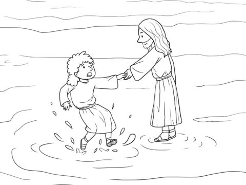 Und Petrus antwortete ihm: „Herr, wenn du es bist, befiehl mir, auf dem Wasser zu dir zu kommen.“<br/>Jesus sagte: „Komm!“<br/>Da stieg Petrus aus dem Boot, ging über das Wasser und kam zu Jesus. Doch als er den Wind sah, fürchtete sich Petrus und begann zu sinken und schrie: „Herr, rette mich!“<br/>Jesus streckte sofort seine Hand aus, ergriff ihn und sagte zu ihm: „O du Kleingläubiger, warum hast du gezweifelt?“ – Folie 3