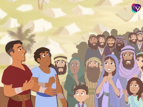 Zwei der Kundschafter, Josua und Kaleb, berichteten etwas anderes. Sie standen auf, zerrissen ihre Kleider und begannen, zum Volk zu sprechen: „Brüder, hört uns beide zu. Kanaan ist wahrlich ein wunderbares Land. Wenn der Herr möchte, wird er uns dieses Land geben, ein reiches Land, in dem Milch und Honig fließen. Aber das wird nur geschehen, wenn wir uns nicht gegen Gott auflehnen.“ – Folie 7