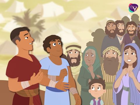 „Warum sollten wir uns vor diesen Leuten fürchten? Der Herr ist mit uns.“<br/>Doch das Volk Israel wollte nicht auf Josua und Kaleb hören. Manche wollten sie sogar steinigen. – Folie 8