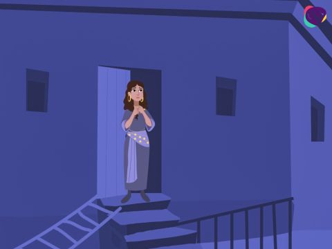 In ihrer Not half ihnen Gott erneut. Sie betraten das Haus einer Frau namens Rahab. Sie hatte von der Größe ihres Gottes gehört und war bereit, ihnen Schutz zu bieten. – Folie 7
