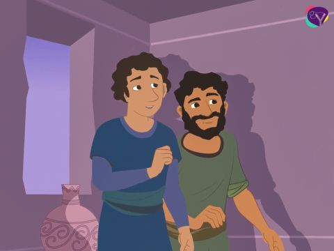 Sie wusste, dass die Männer des Königs nach den beiden jüdischen Kundschaftern suchten. Doch anstatt sie zu verraten, brachte sie die Kundschafter aufs Dach und versteckte sie unter Flachsstängeln.<br/>Dann kam sie zurück und öffnete langsam die Tür. – Folie 10