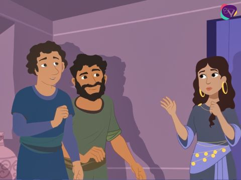 Nachdem sie gegangen waren, ging sie auf das Dach, wo sie die Kundschafter versteckt hatte. „Ich habe von eurem Gott gehört. Wir alle haben von ihm gehört“, sagte sie mit zitternder Stimme.<br/>„Ich habe gehört, wie ihr Ägypten verlassen habt, wie euer Gott das Rote Meer ausgetrocknet hat und ihr trockenen Fußes hindurchgezogen seid. Ich weiß, wie Gott euch den Sieg geschenkt hat, und es gibt keinen Gott wie euren Gott. Er ist der Herr über Himmel und Erde und hat euch dieses Land gegeben. Ganz Jericho hat deswegen Angst und zittert vor euch.”<br/>Rahab fuhr fort: „Ich bitte euch um eines. Versprecht mir bitte, dass ihr mir und meiner Familie dieselbe Freundlichkeit entgegenbringt, die ich euch entgegengebracht habe, wenn ihr Jericho erobert.” – Folie 12