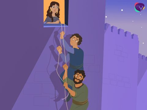 Rahab hatte eine Idee. Ihr Haus war Teil der Außenmauer der Stadt. Also ließ sie sie an einem Seil durch das Fenster hinunter.<br/>„Geht in die Berge, damit ihr nicht denen begegnet, die euch gefangen nehmen wollen“, sagte Rahab. „Versteckt euch dort drei Tage lang, bis sich die Lage beruhigt hat.“ – Folie 14