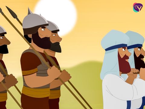 „Am siebten Tag umrundet die Stadt siebenmal. Wenn ein langer Trompetenstoß zu hören ist, sollt ihr laut rufen. Dann wird die Mauer um Jericho fallen und die Stadt wird euch gehören.“ – Folie 6