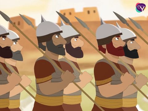 Auf Josuas Befehl nahmen die Priester die Trompeten und zogen aus, um die Stadt Jericho zu umrunden. Das Heer folgte ihnen. – Folie 10