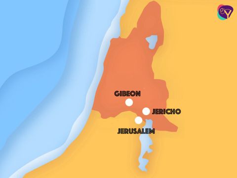 In der Nähe lag die Stadt Gibeon mit vielen tapferen Kämpfern, doch selbst sie fürchteten sich. Deshalb schlossen sie einen Friedensvertrag mit Josua. – Folie 2