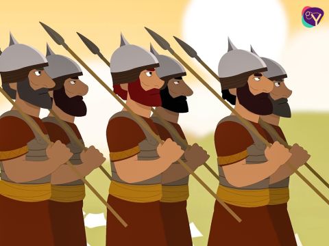 Im Vertrauen auf ihren Gott zog das Volk Israel erneut in die Schlacht. Nach einem nächtlichen Marsch von Gilgal aus überraschte Josua sie. – Folie 7