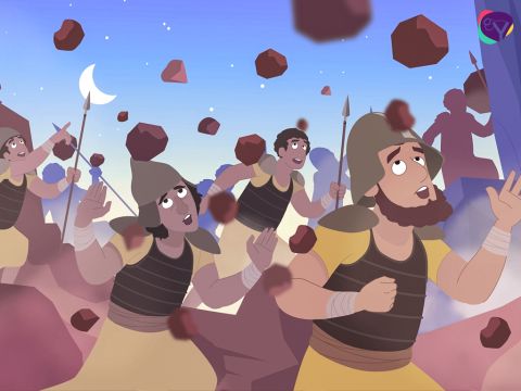 Bald erkannten die fünf Könige, dass sie keine Chance hatten zu gewinnen. Sie begannen vor den Israeliten zu fliehen, doch auf ihrer Flucht warf der Herr große Hagelkörner vom Himmel und tötete viele ihrer Soldaten. – Folie 8