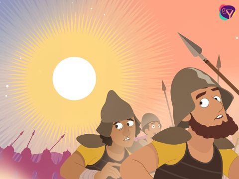 Gott erhörte Josuas Bitte, sodass Sonne und Mond eine Weile stillstanden, bis das Volk Israel alle seine Feinde besiegt hatte. – Folie 11