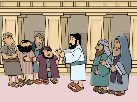 Menschen, die in ihrem Leben Schlechtes getan hatten, drängten sich um Jesus, um ihm zuzuhören. Einige von denen, die sich für gute Menschen hielten, murrten: „Jesus heißt Menschen willkommen, die Gott nicht gehorchen, und er isst mit ihnen.“ Also erzählte Jesus ihnen diese Geschichte: – Folie 1
