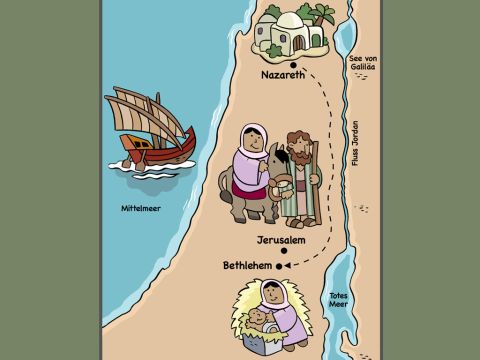 Es war eine lange und ermüdende Reise, und Maria sollte bald ihr Baby zur Welt bringen. Tag für Tag gingen sie weiter, bis sie schließlich in Bethlehem ankamen. – Folie 4