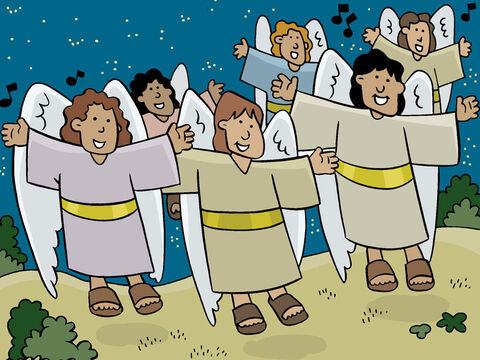 Im selben Moment erschienen viele Engeln am Himmel, die Gott lobten: „Ehre sei Gott im Himmel und Friede allen Menschen auf Erden.“ – Folie 13