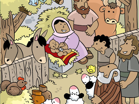 Sie sahen Maria, Josef und das Jesuskind, genau wie die Engel es ihnen gesagt hatten. – Folie 16