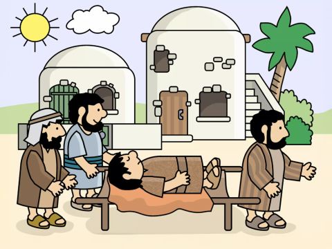 Vier Männer wollten, dass Jesus ihren Freund heilte, aber es waren so viele Menschen da, dass sie nicht an Jesus herankommen konnten. – Folie 4