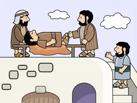 Plötzlich hatte einer der Männer eine Idee. Ganz vorsichtig trugen sie den Kranken auf das Dach des Hauses. – Folie 5