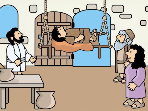 Sie brachen ein Loch ins Dach, groß genug, um den Kranken mit seinem Bett ins Haus hinabzulassen. – Folie 6