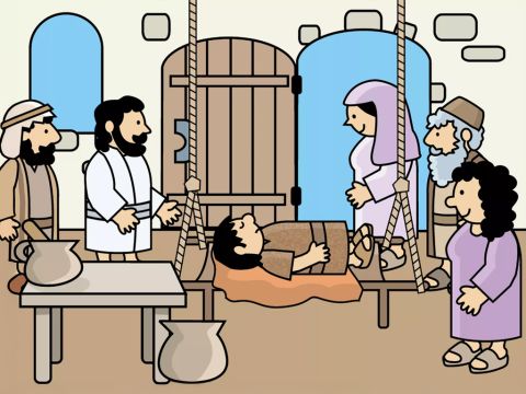 Sie ließen ihren kranken Freund bis zu Jesus hinunter. – Folie 7