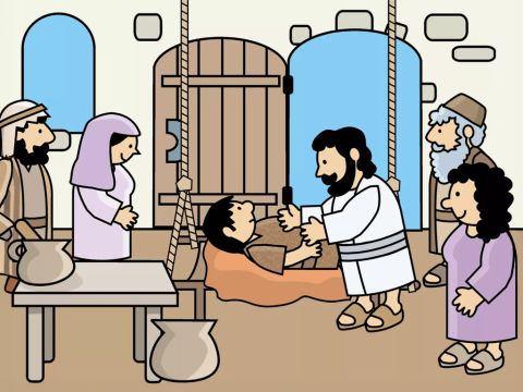Jesus freute sich, dass diejenigen, die ihren lahmen Freund trugen, daran glaubten, dass er ihren Freund heilen konnte. „Steh auf und geh“, sagte Jesus zu dem Kranken. – Folie 8
